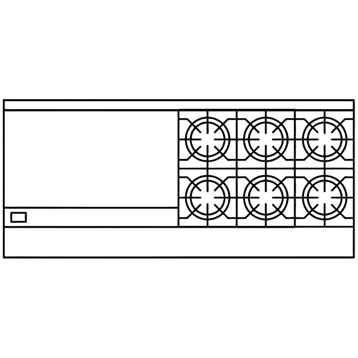 Top-view layout diagram showing left griddle and eight burners on the right