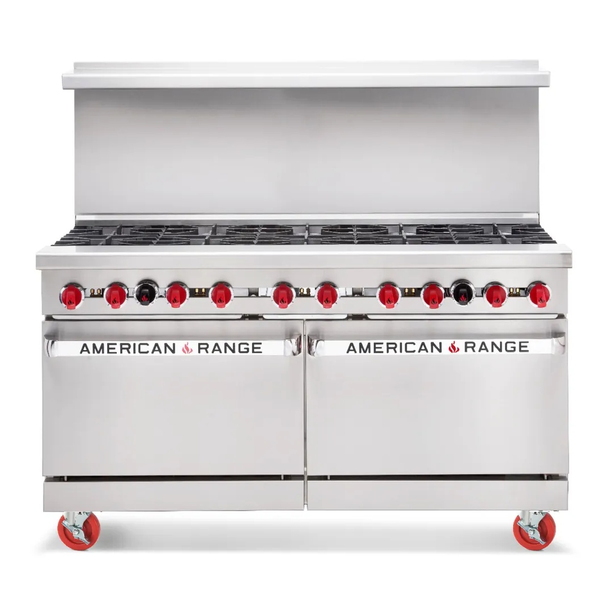 American Range 60 inch restaurant range with control knobs and double oven base