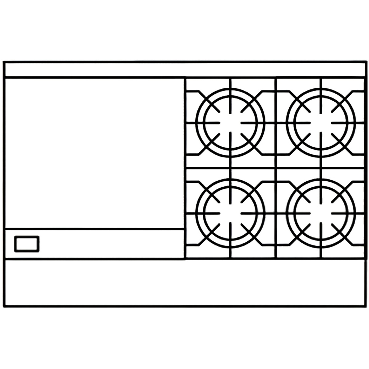 Top layout diagram showing 36 inch griddle on the left and four burners on the right