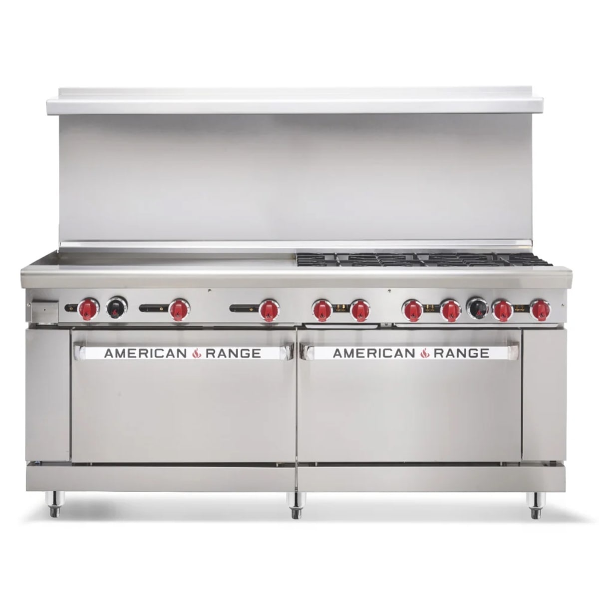 American Range AR-36G-6B commercial gas range with six burners, 36 inch griddle, and double oven base