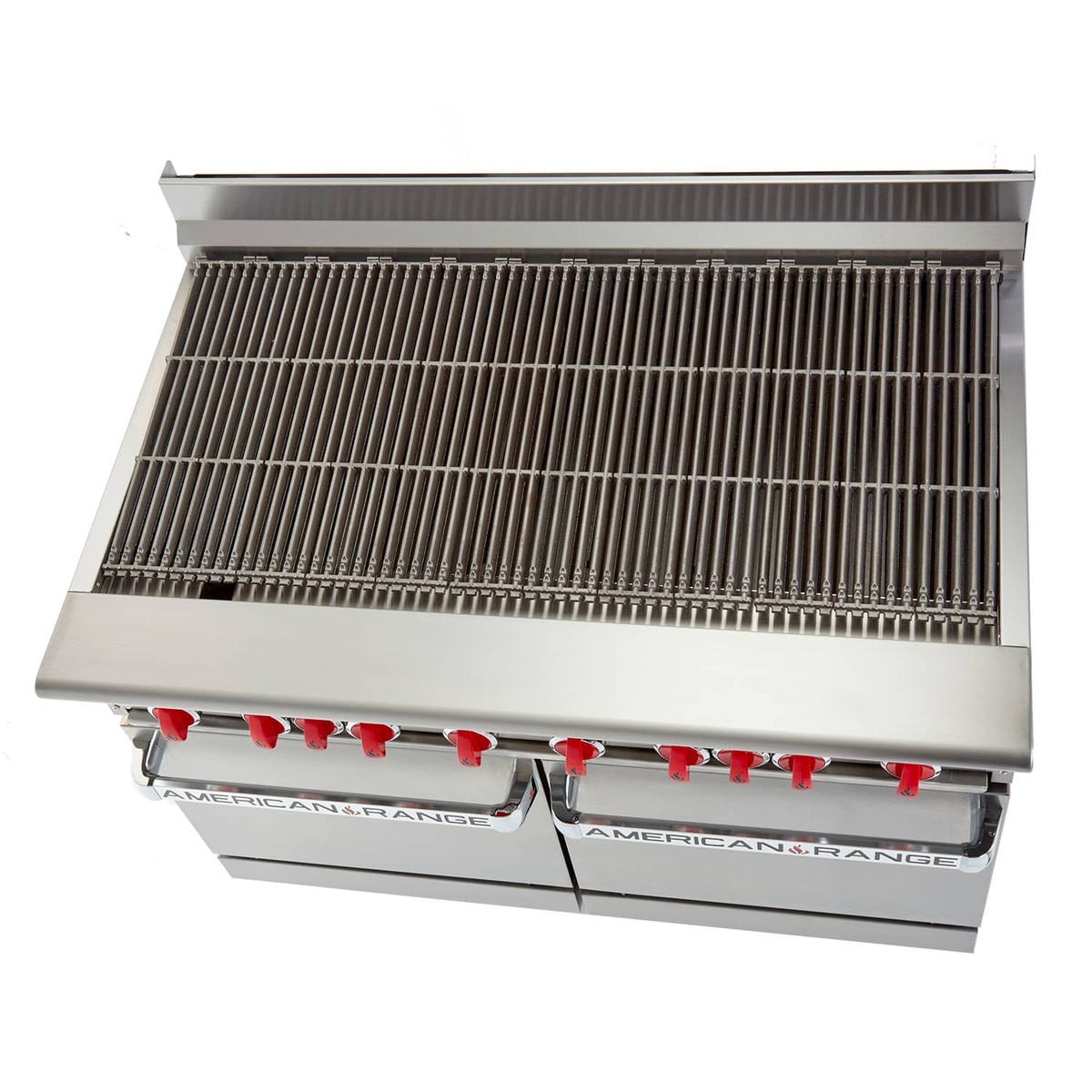 Angled top view of AR-3RB showing full broiler grate surface and control knobs
