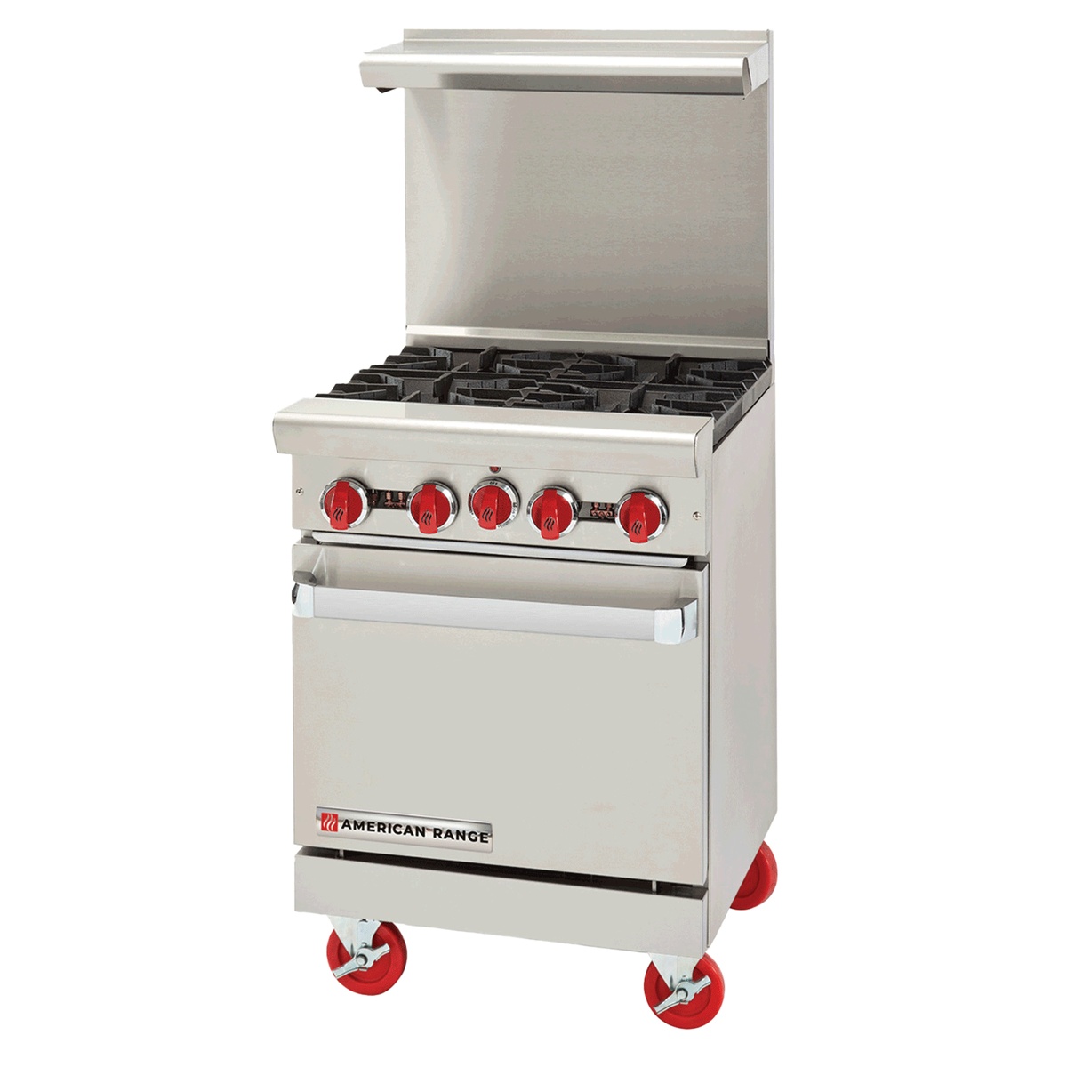 American Range AR-4 commercial gas range with four open burners and back riser