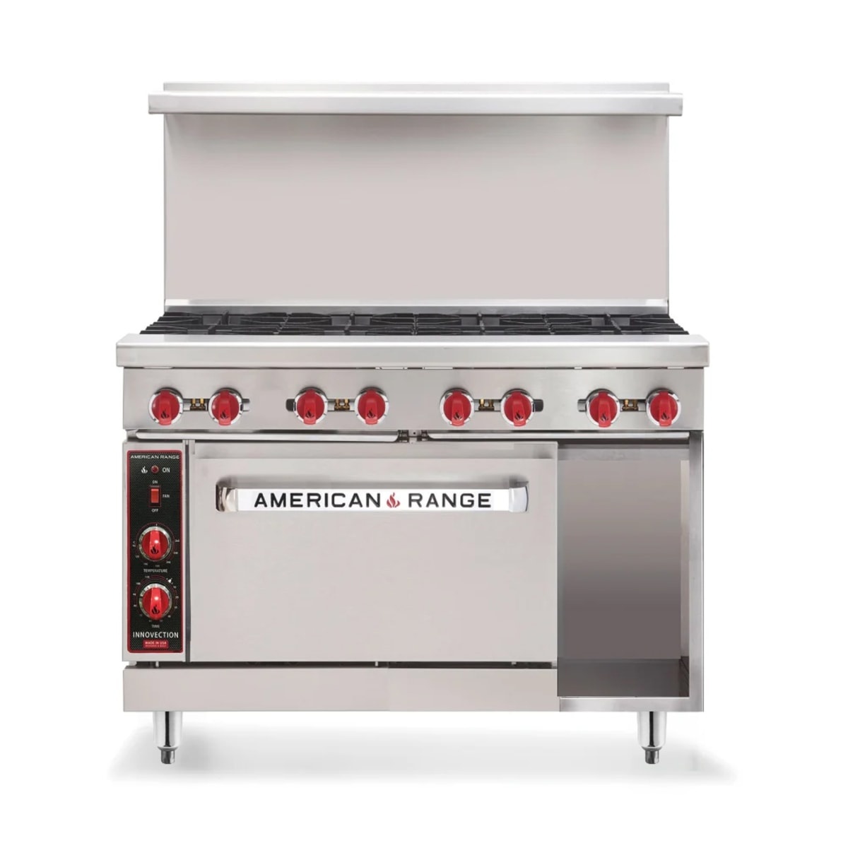 American Range AR-48G-126L-SBR commercial gas range with griddle, oven, and storage base