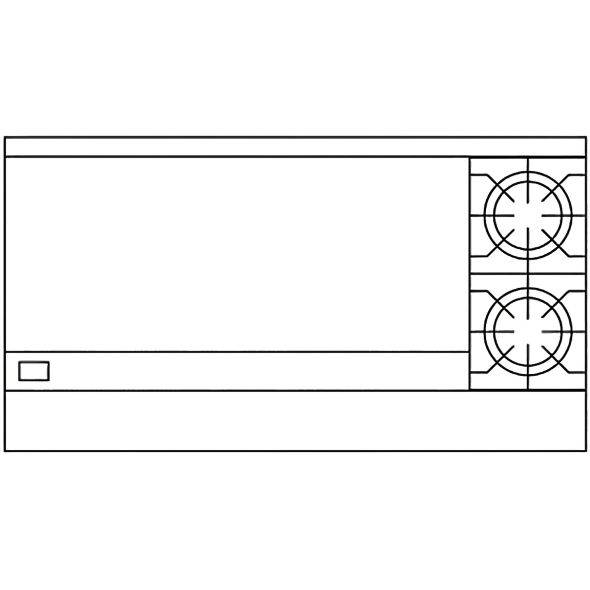 Top-view line drawing showing a 48 inch griddle section and two burners on the right