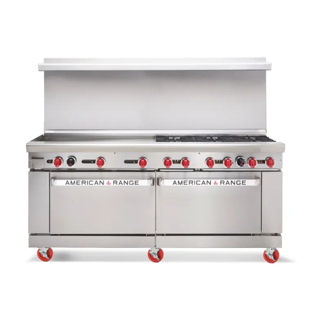 American Range AR-48G-4B 72-inch gas range with 48-inch griddle, four open burners, and two oven doors