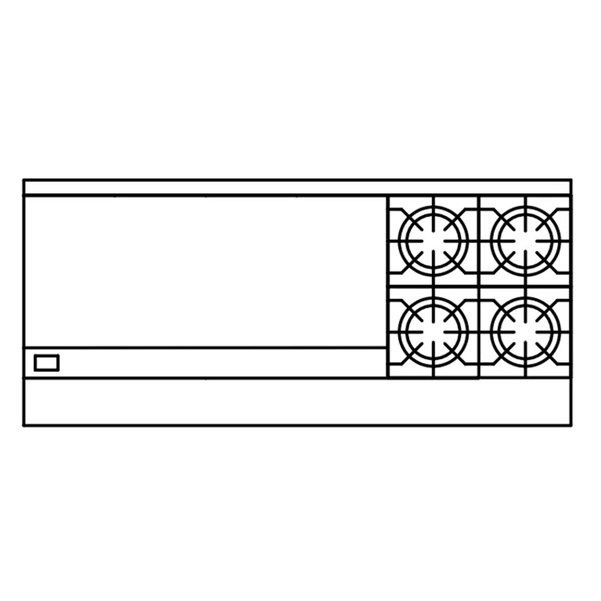 Top-view layout diagram showing 48-inch griddle on the left and four open burners on the right