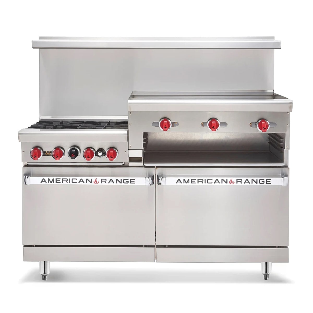 American Range AR-4B-12RG commercial gas range with four open burners and a raised griddle and broiler section