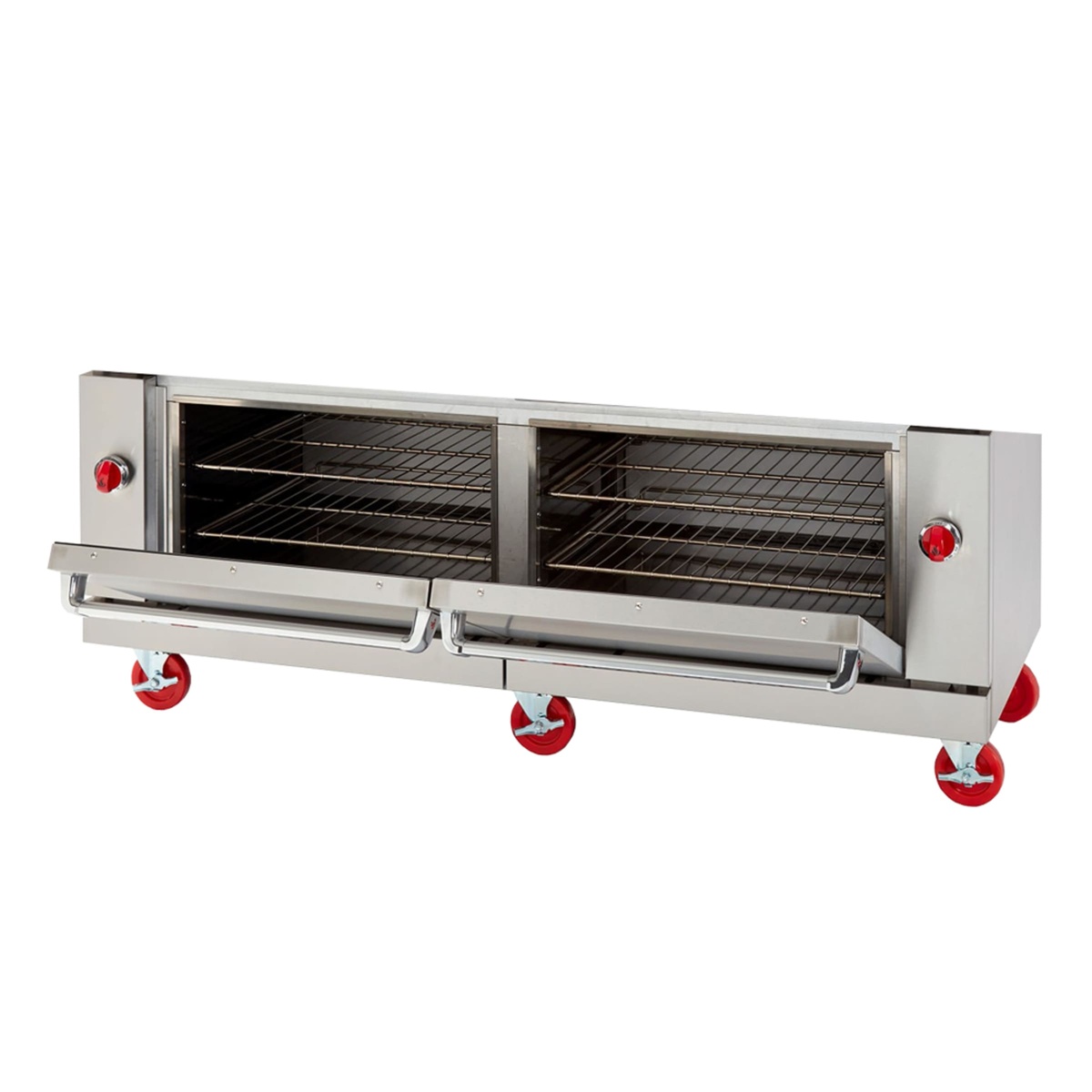 Double standard oven base with open doors showing oven racks