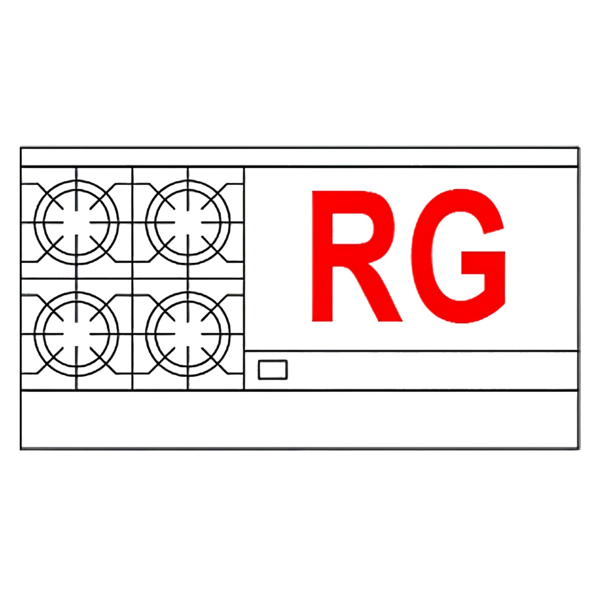 Top layout diagram showing four burners and raised griddle configuration