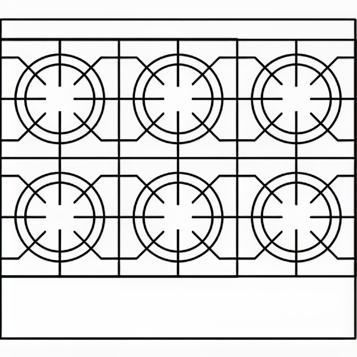 Top view of six-burner cast iron grate layout