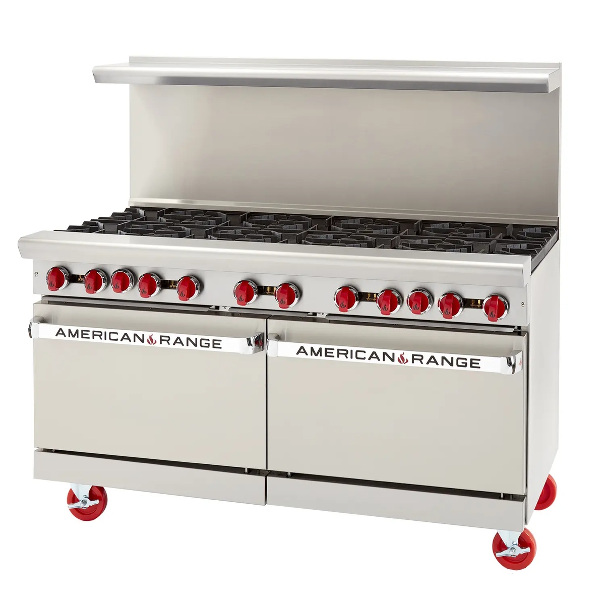 American Range AR-60G 60-inch gas restaurant range with full griddle and two ovens, shown on casters