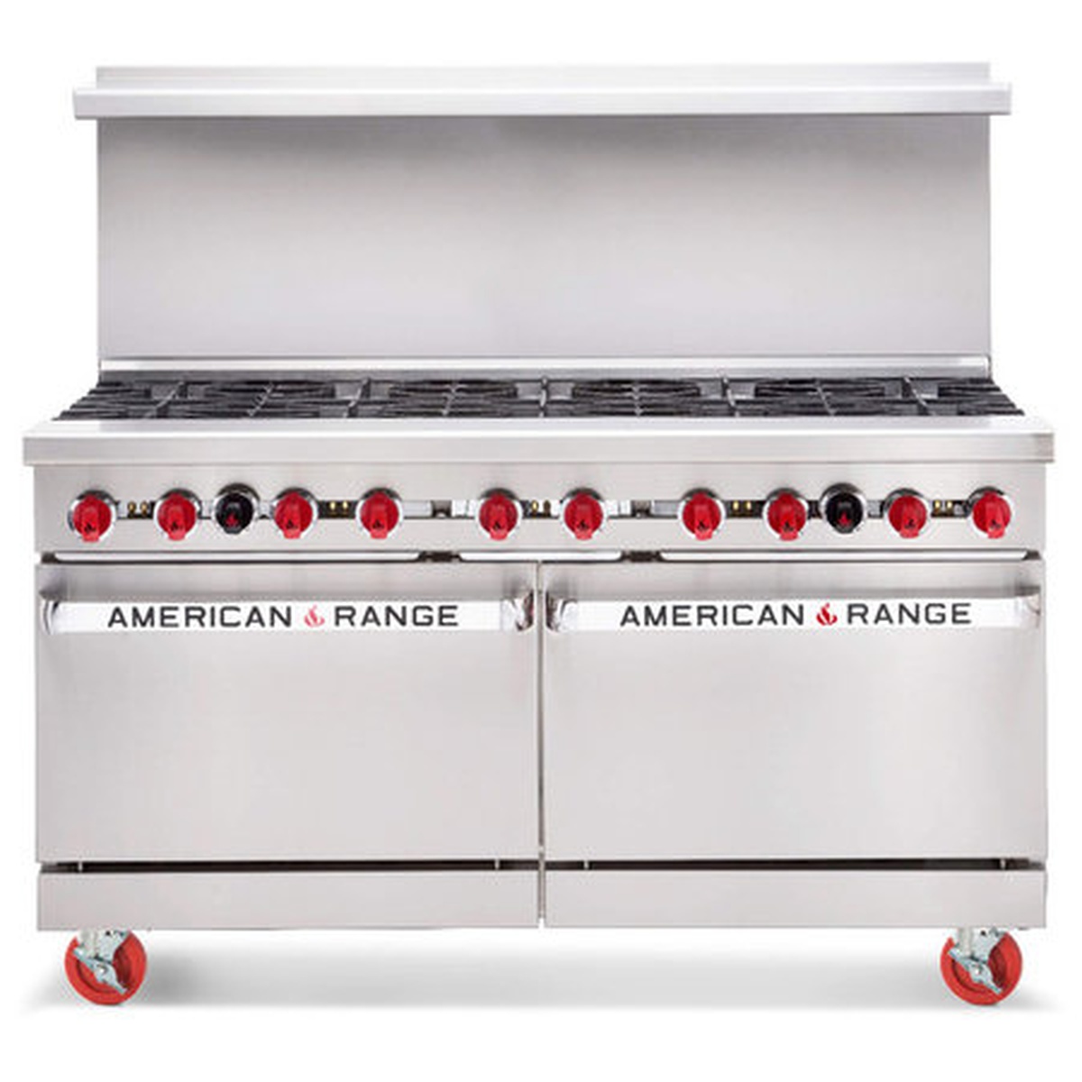 American Range 60 inch gas range with stainless steel body, back riser, and double oven base