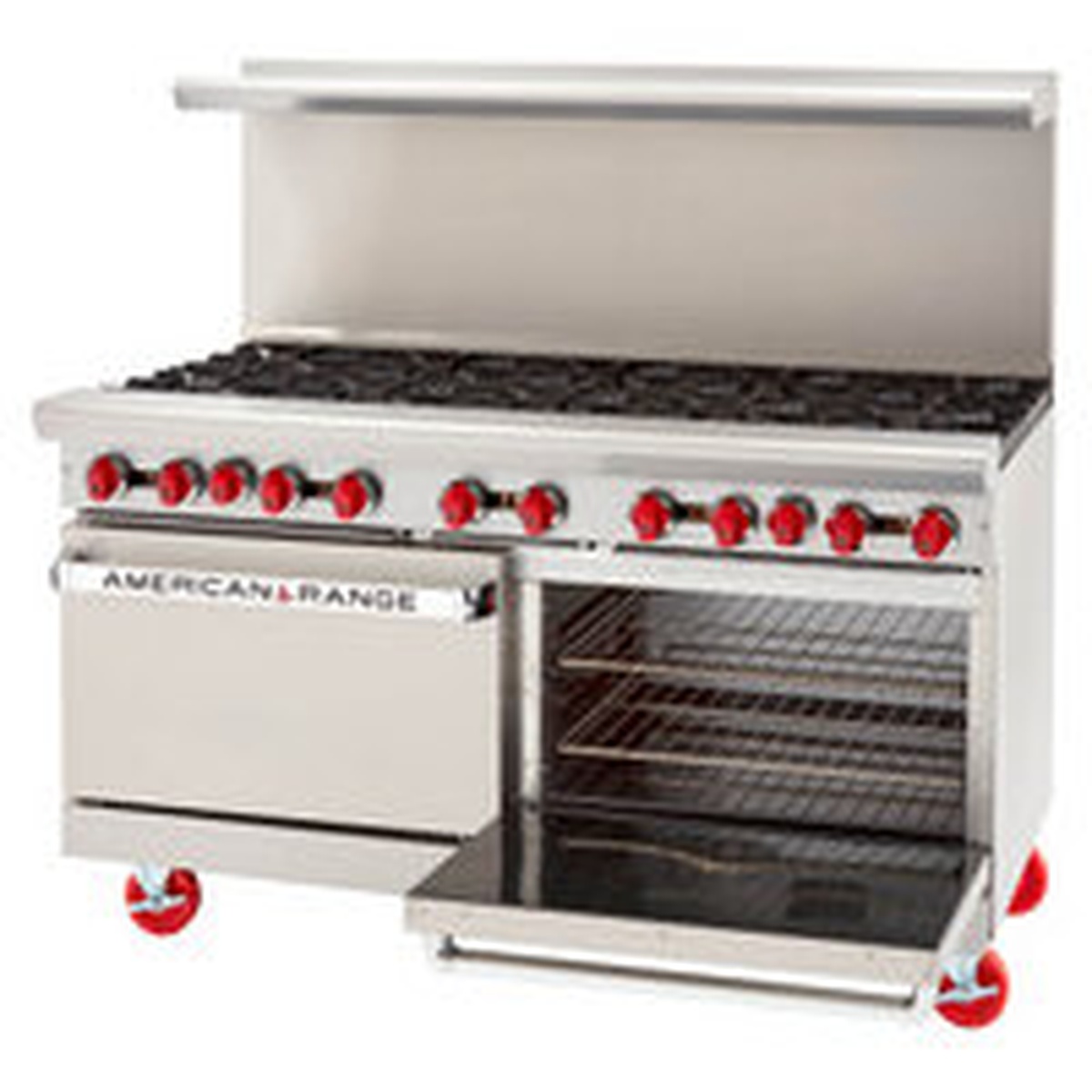 Range with one oven door open showing multiple rack positions inside the oven cavity