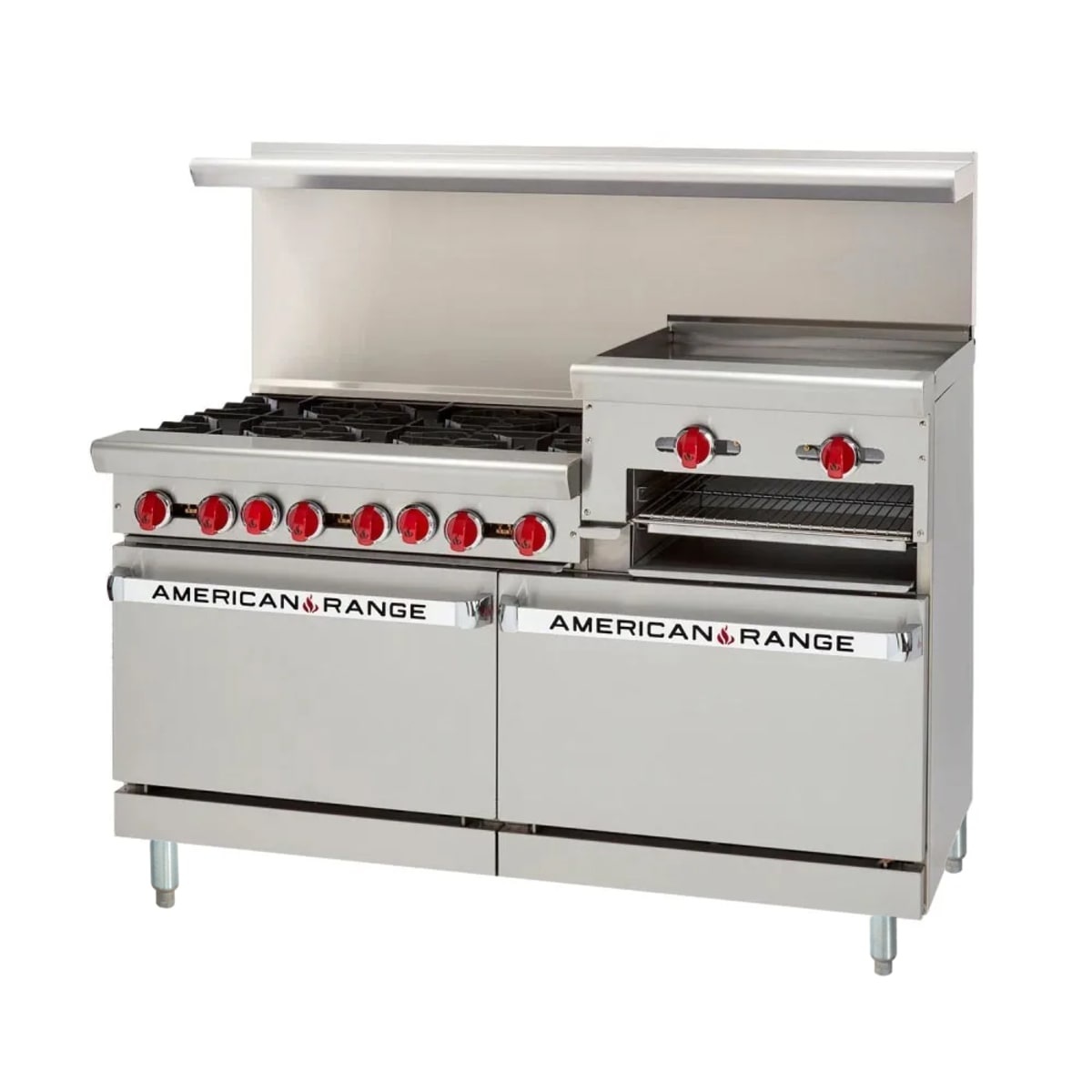 American Range 60 inch gas range with six burners and right-side raised griddle and broiler