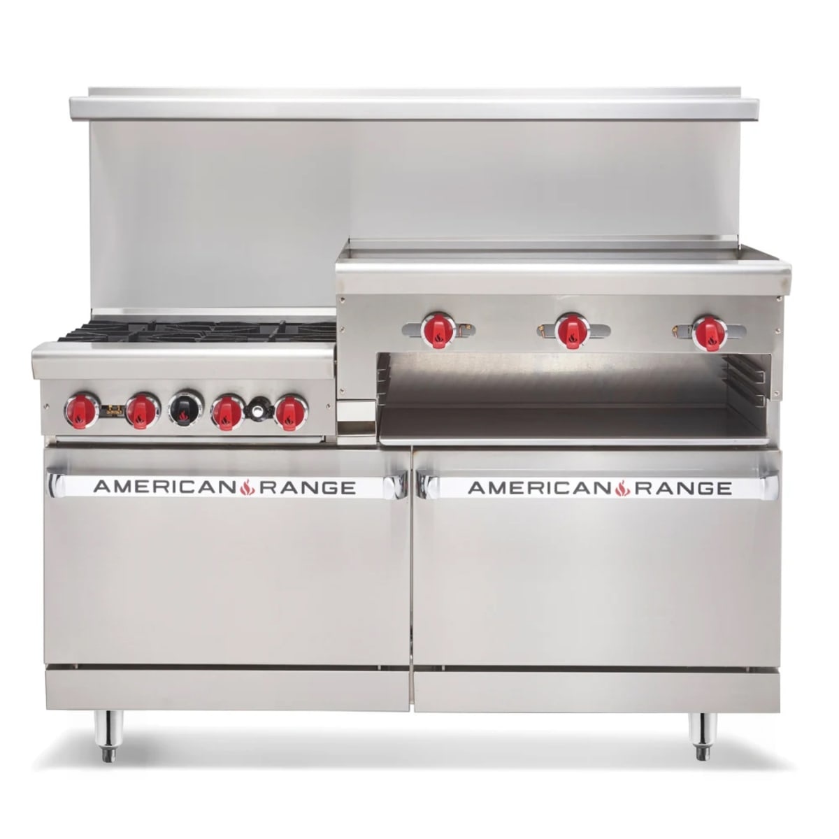 American Range AR-6B-36RG commercial gas range with six burners and raised griddle section