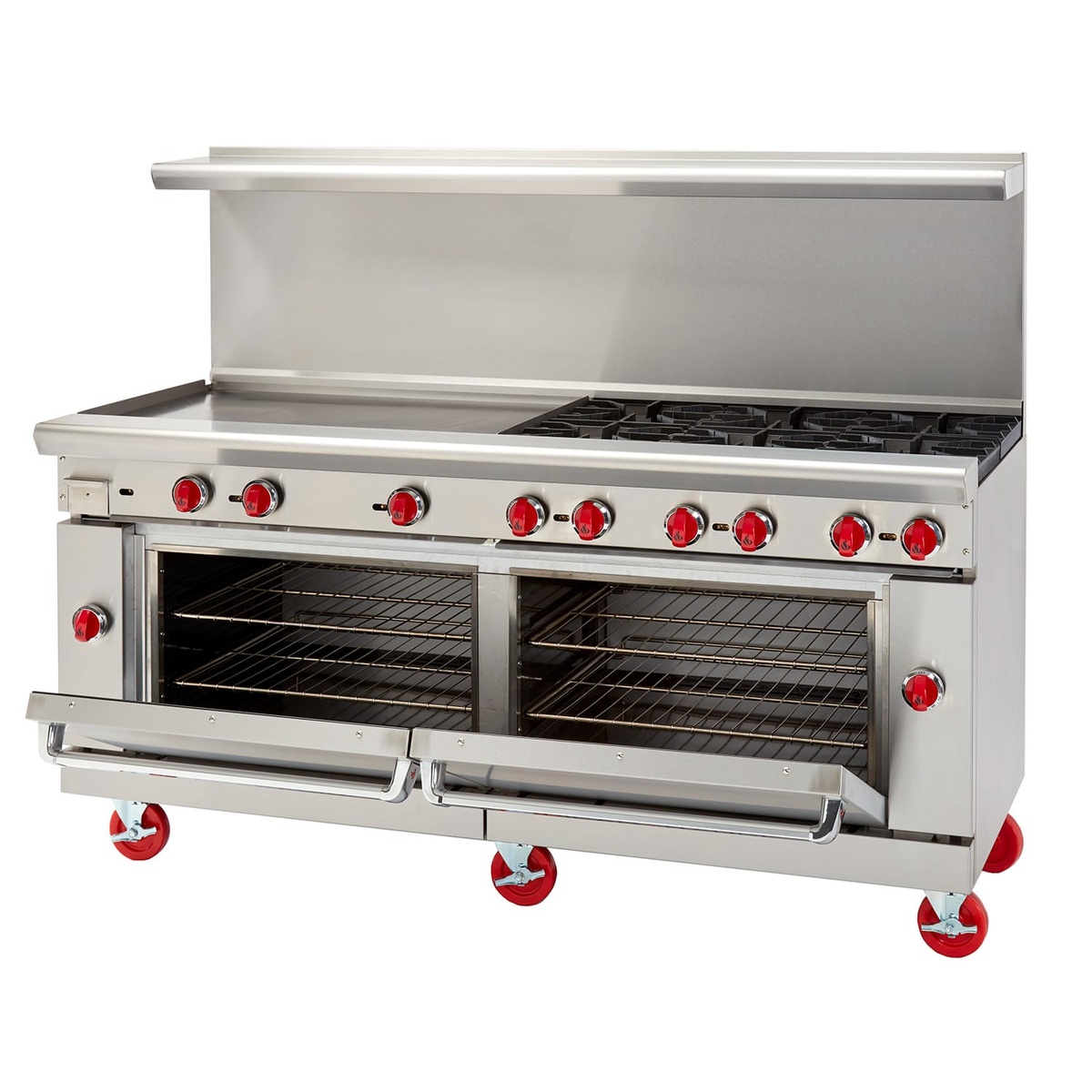 Front view of 72 inch range with griddle, open burners, and two standard oven cavities