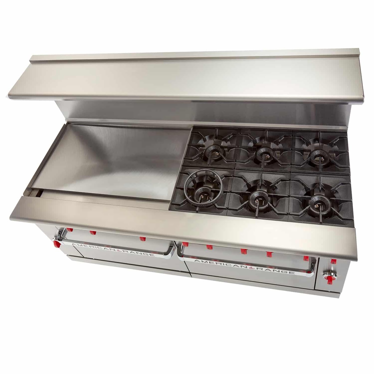 Top view of 72 inch restaurant range with griddle surface and open burners