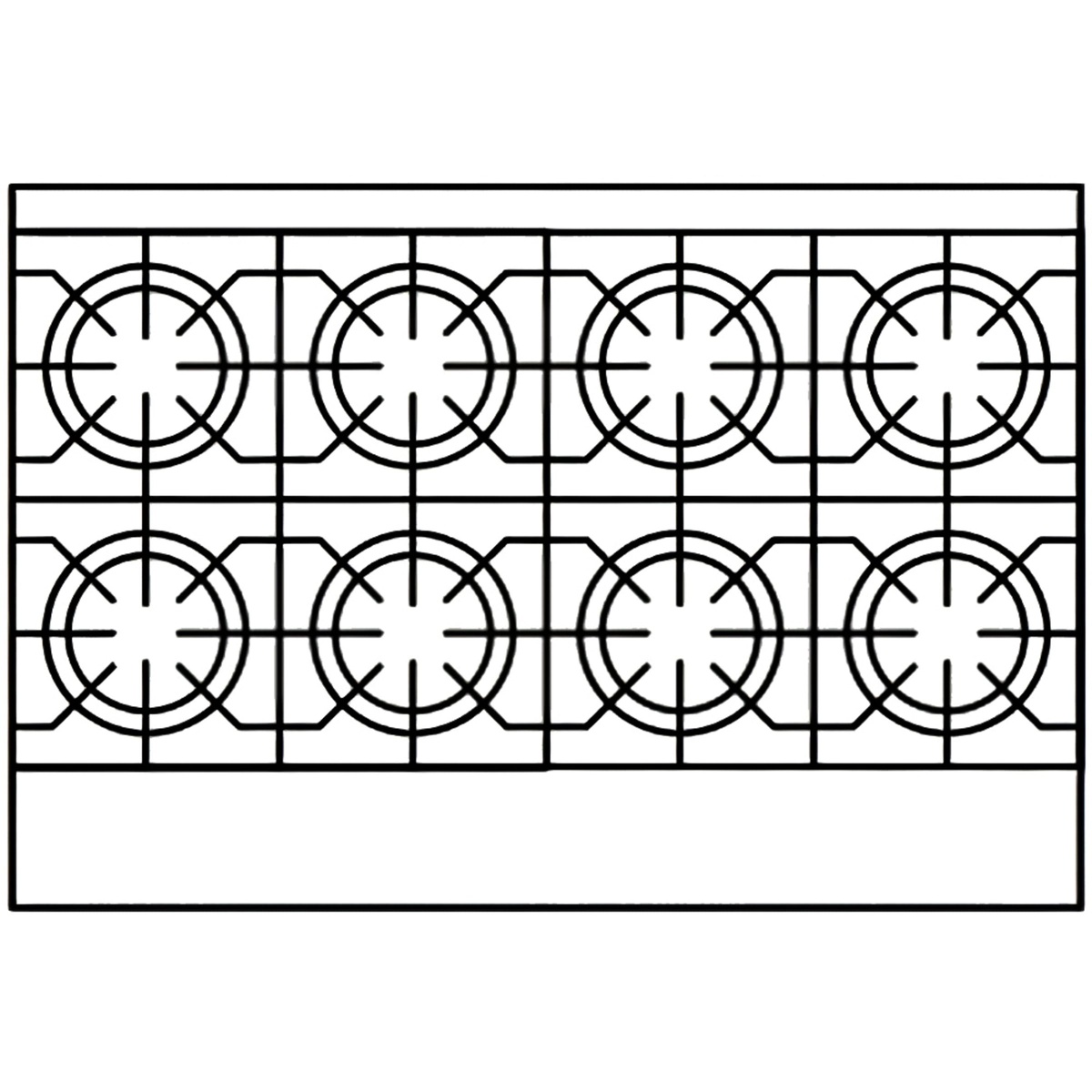 Top view diagram showing eight open burner positions on a 48-inch range