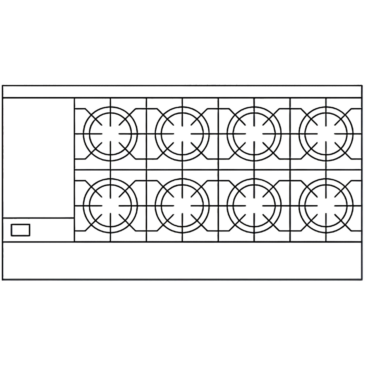 Top-view layout showing eight burners with griddle area on the right