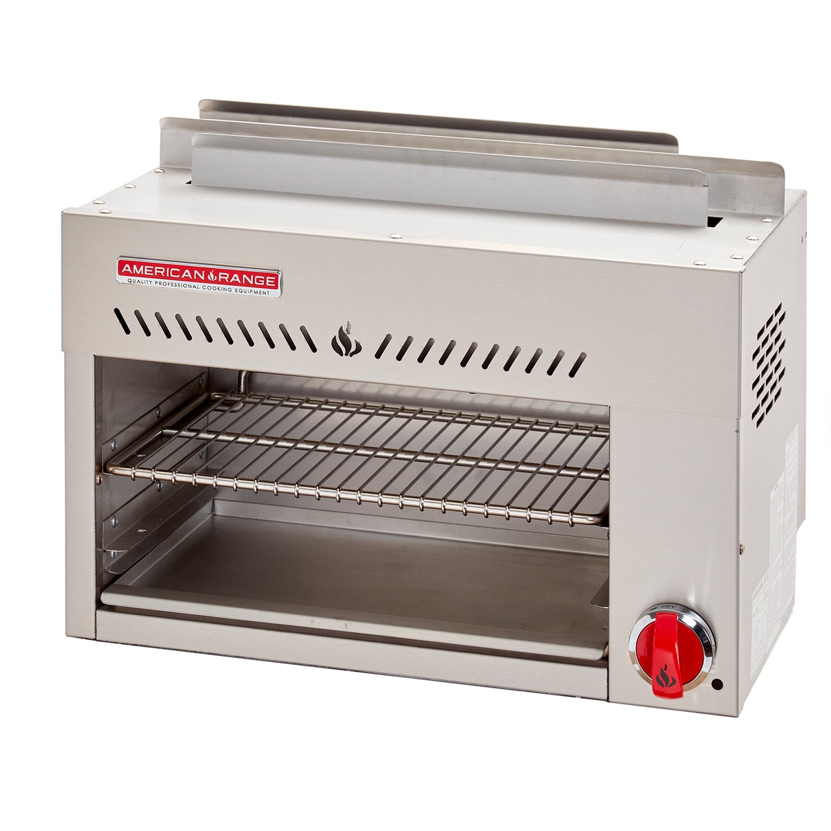American Range ARCM-36 cheesemelter angled view showing control knob and rack