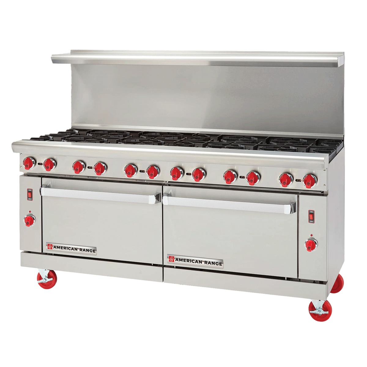 American Range ARGF-12 commercial gas range with 12 burner cooktop and dual oven base