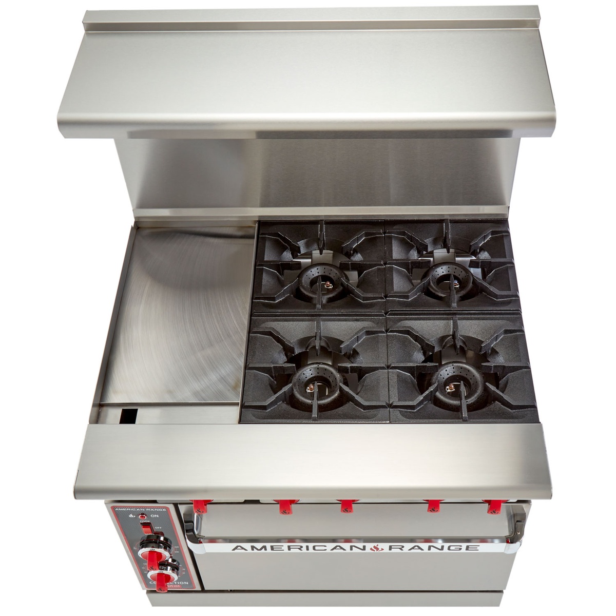 Top-down view of American Range ARGF-6 cooktop with burners and flat griddle area