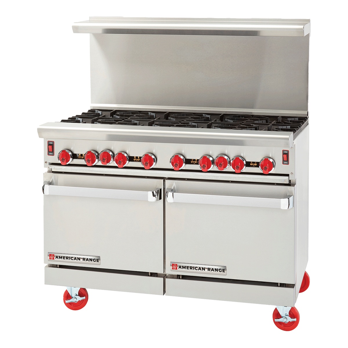 American Range ARGF-8 commercial gas range with two ovens and high shelf