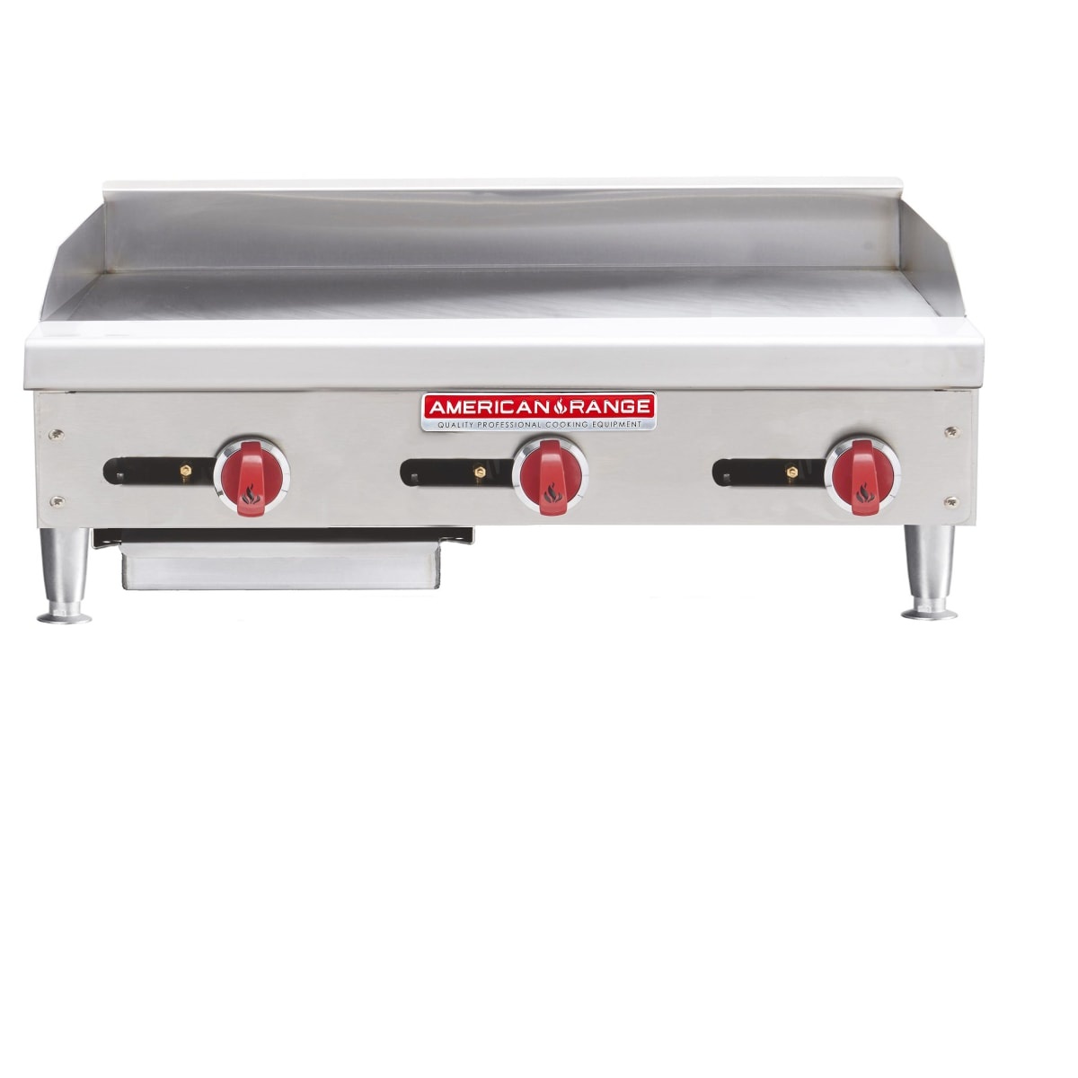 American Range ARMG-36 countertop gas griddle with splash guard and front control knobs