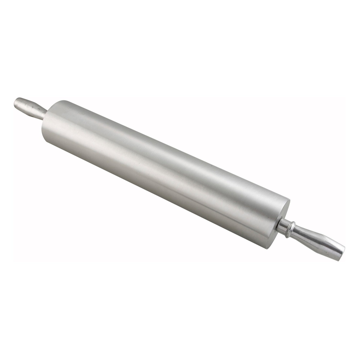 Winco ARP-18 18-inch aluminum rolling pin with contoured handles on white background