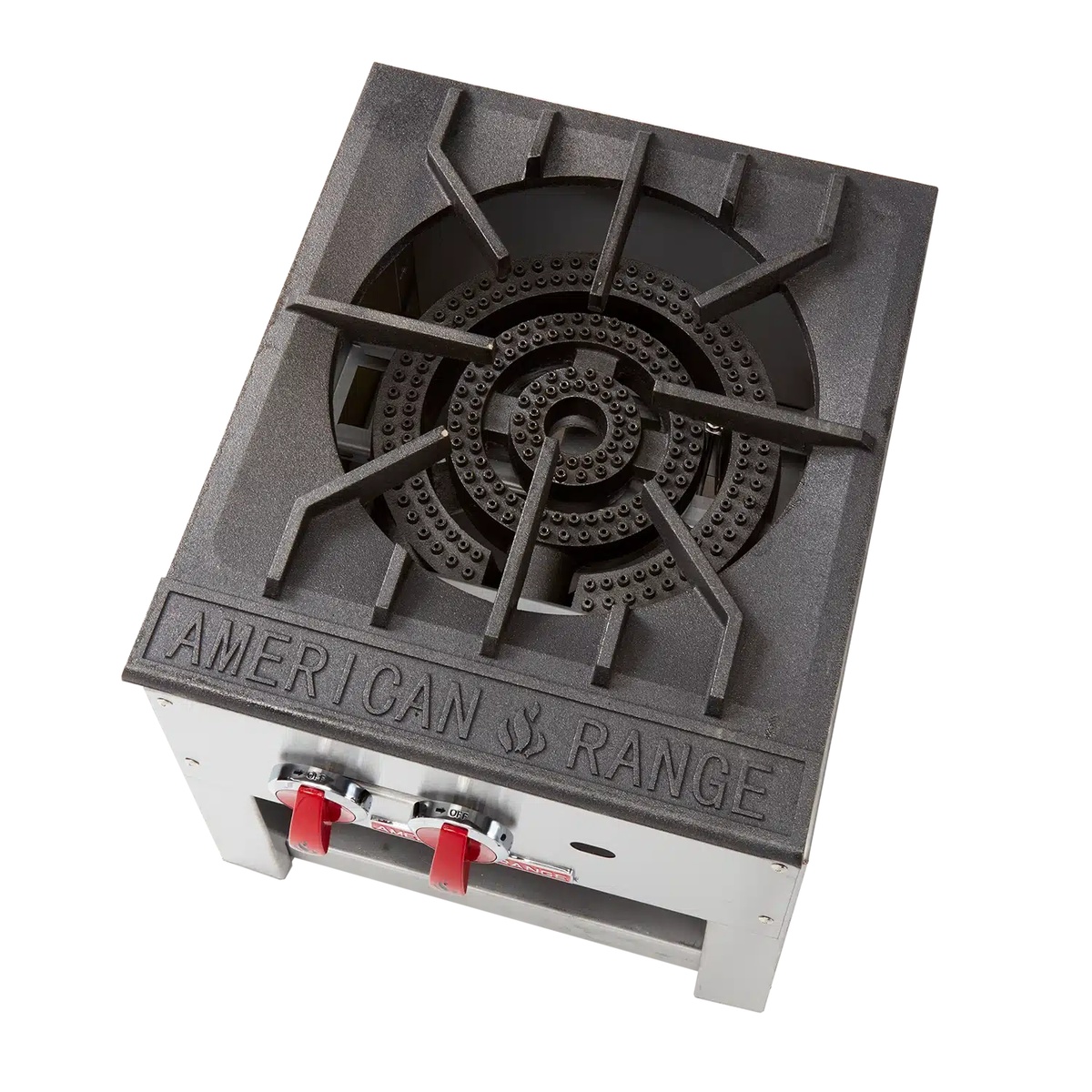 Top view of American Range ARSP-18 three-ring burner and cast iron grate