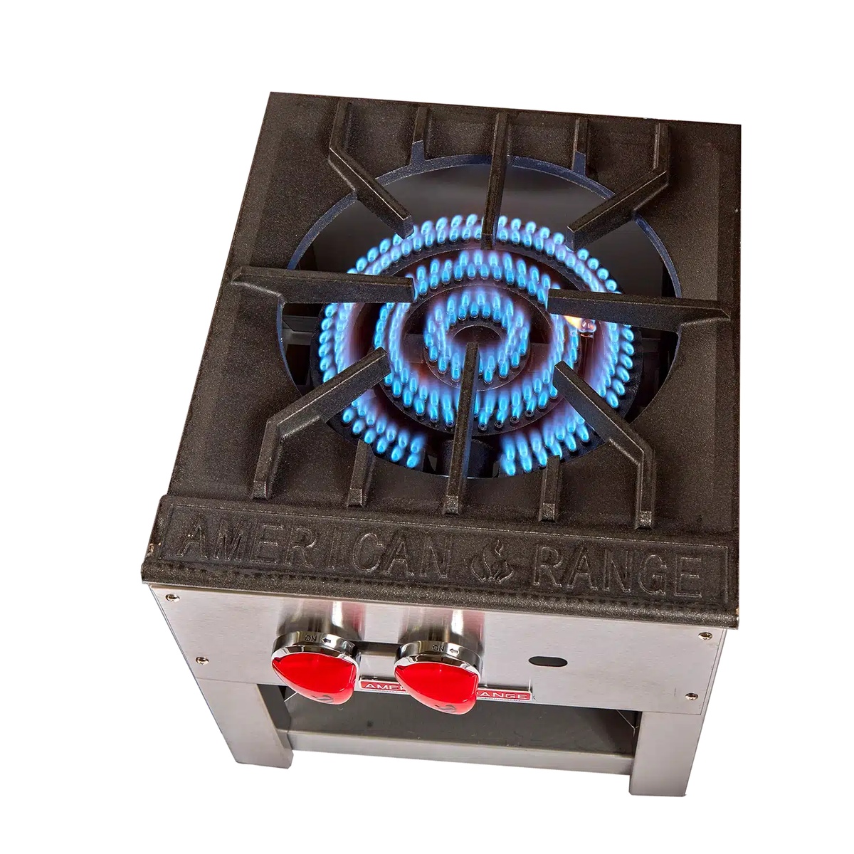 Lit 3-ring cast iron burner on American Range stock pot stove