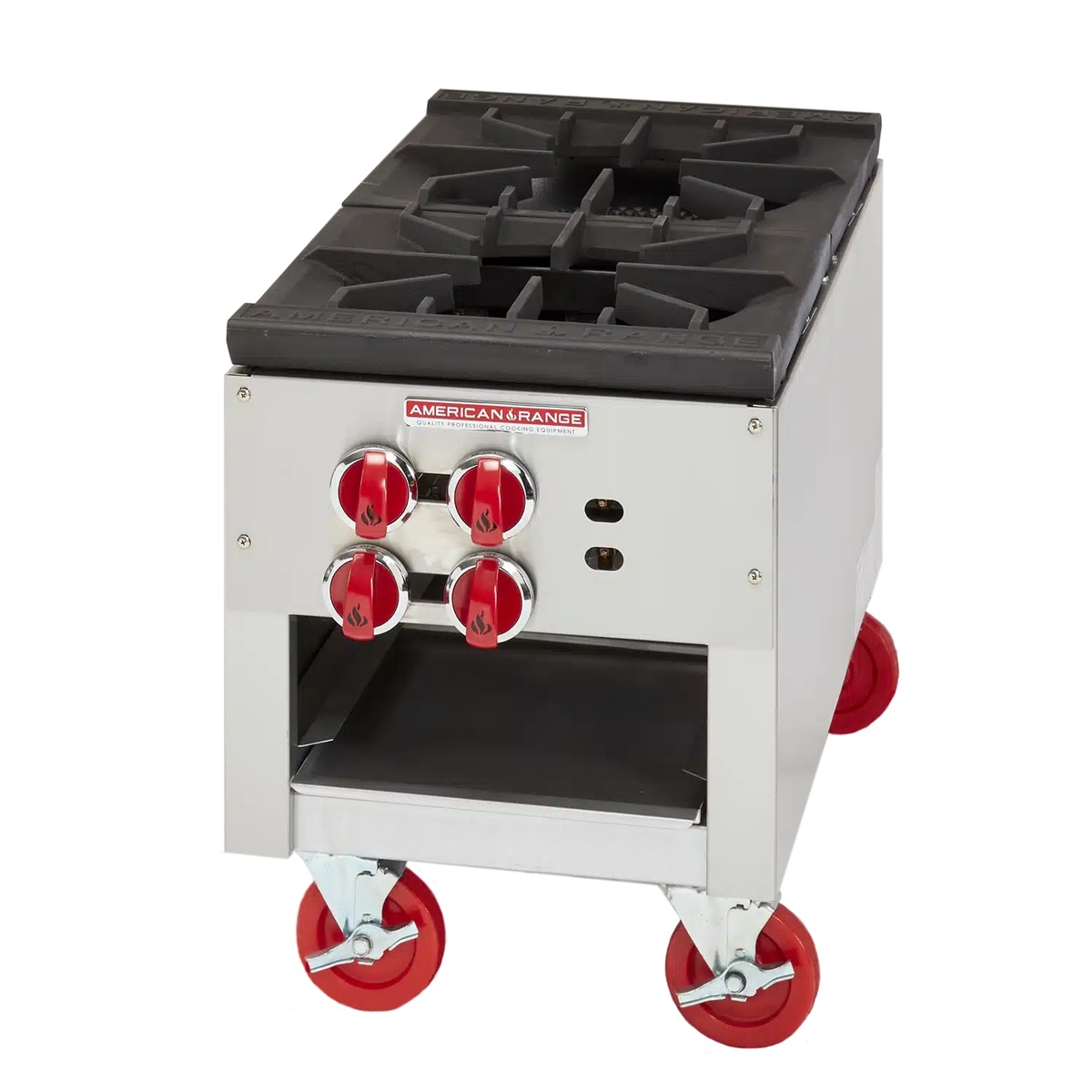 American Range ARSP-18-2 stock pot range with two cast iron grates and front control knobs