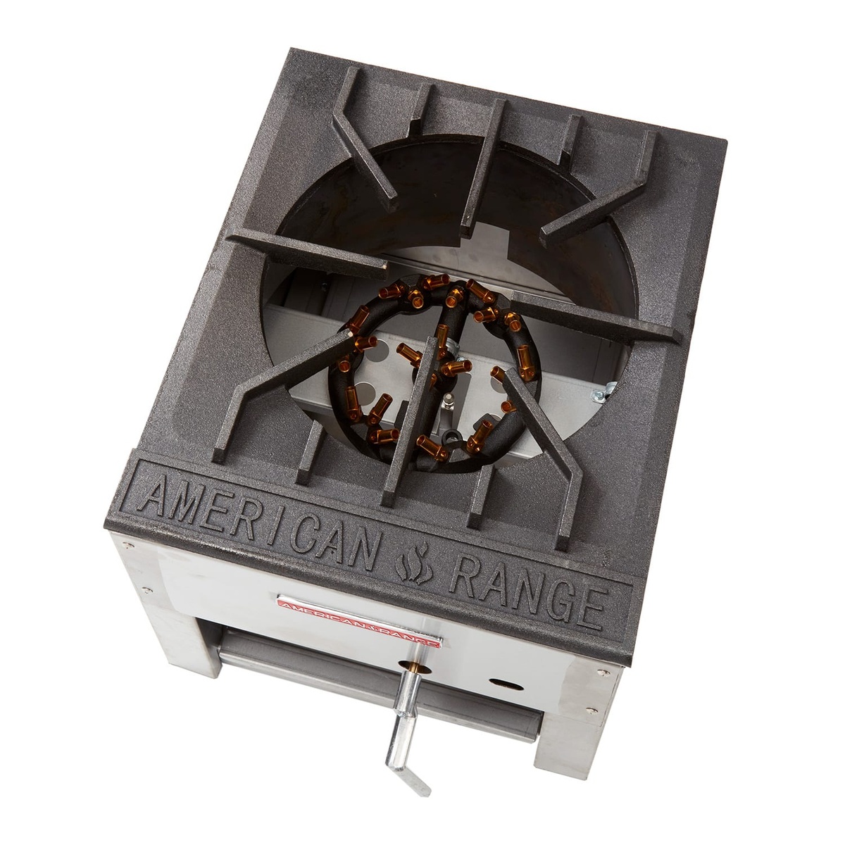 Top view of American Range ARSP-J jet burner assembly and cast iron grate