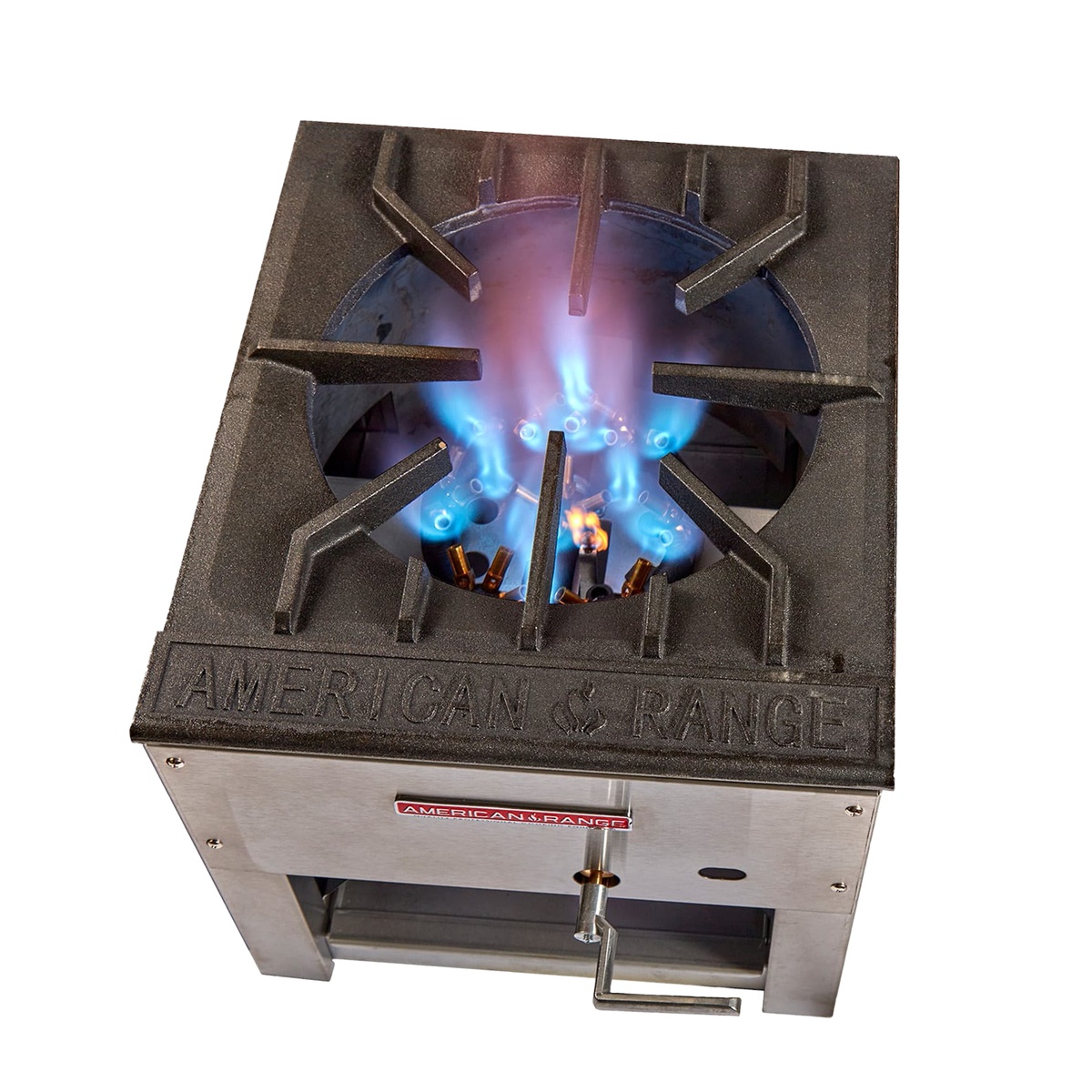American Range ARSP-J-2 stock pot range with cast iron grate and burner flame