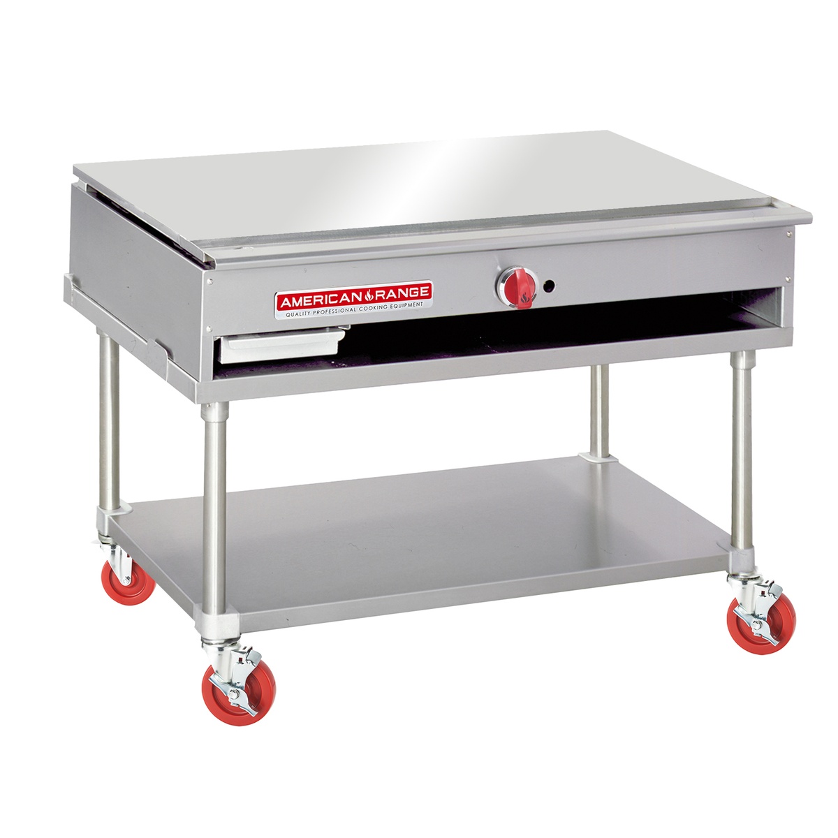 American Range ARTY-36 teppanyaki griddle shown on a mobile equipment stand