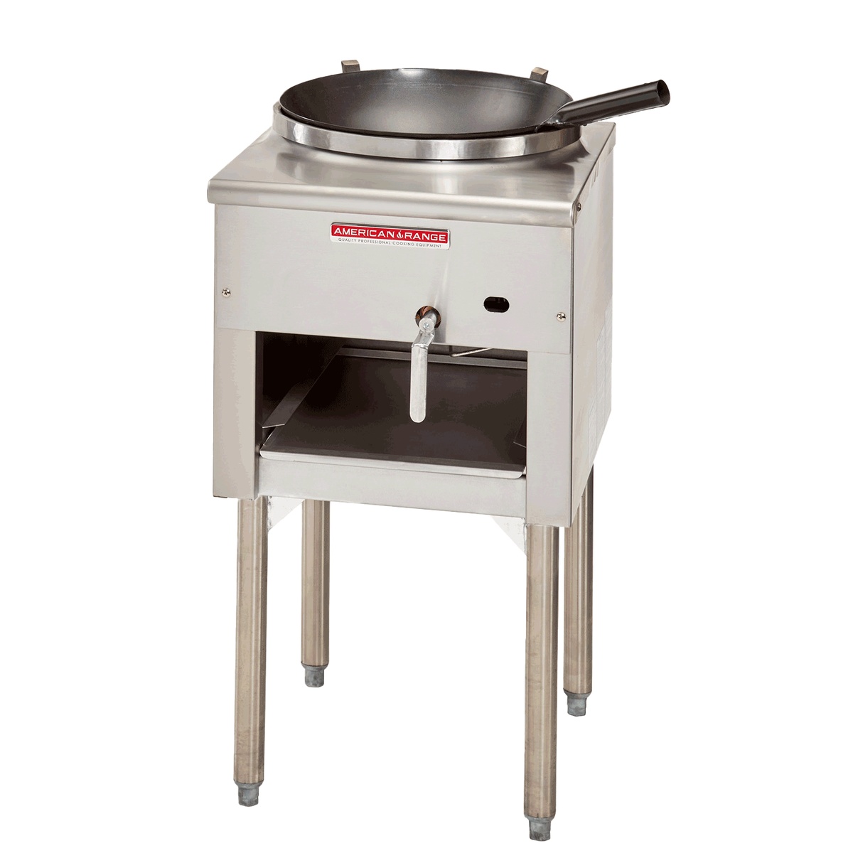 American Range ARWR-3R wok range with wok ring, stainless steel body, and lower shelf