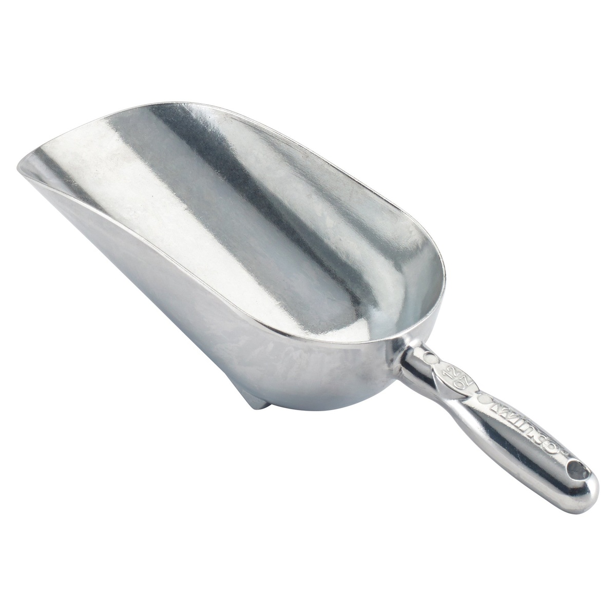 Winco AS-12 12 oz aluminum utility scoop with silver finish and low-profile stability feet, shown from above on white background