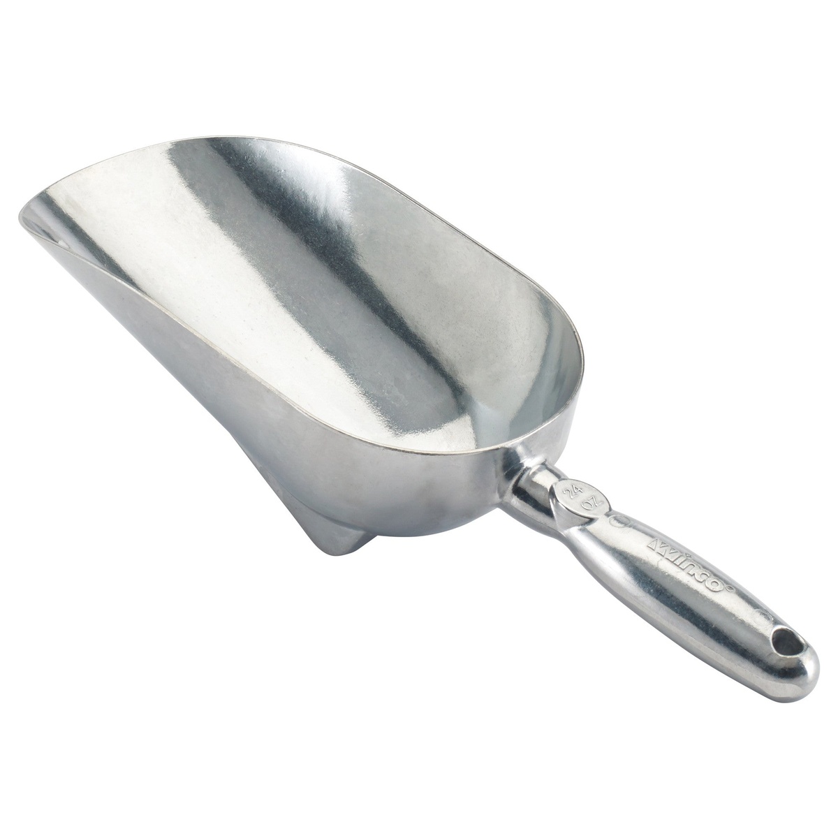 Winco AS-24 24 oz aluminum utility scoop with low-profile feet and ergonomic handle, silver finish