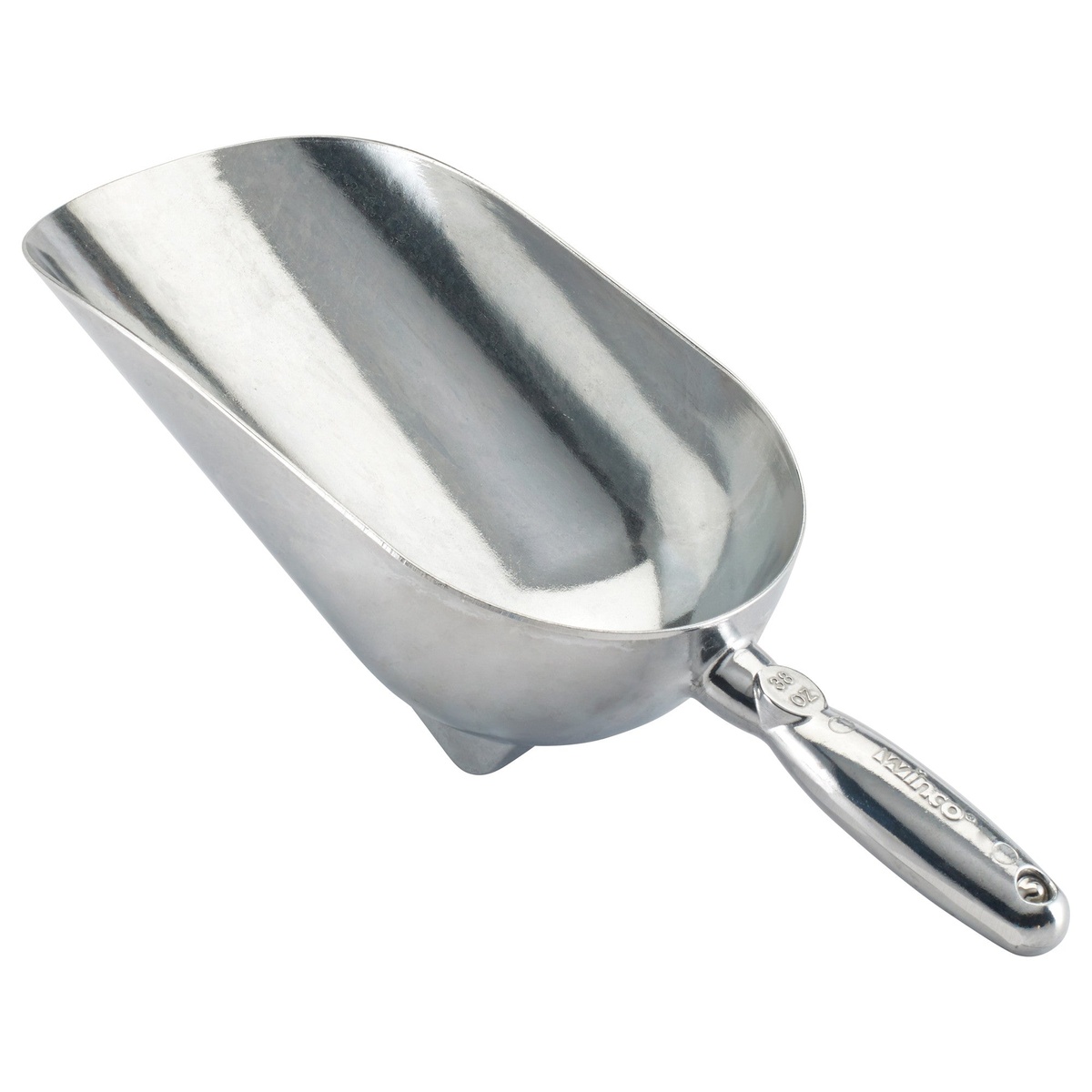 Winco AS-38 one-piece aluminum utility scoop, 38 oz, showing low-profile bottom feet and Winco-branded handle