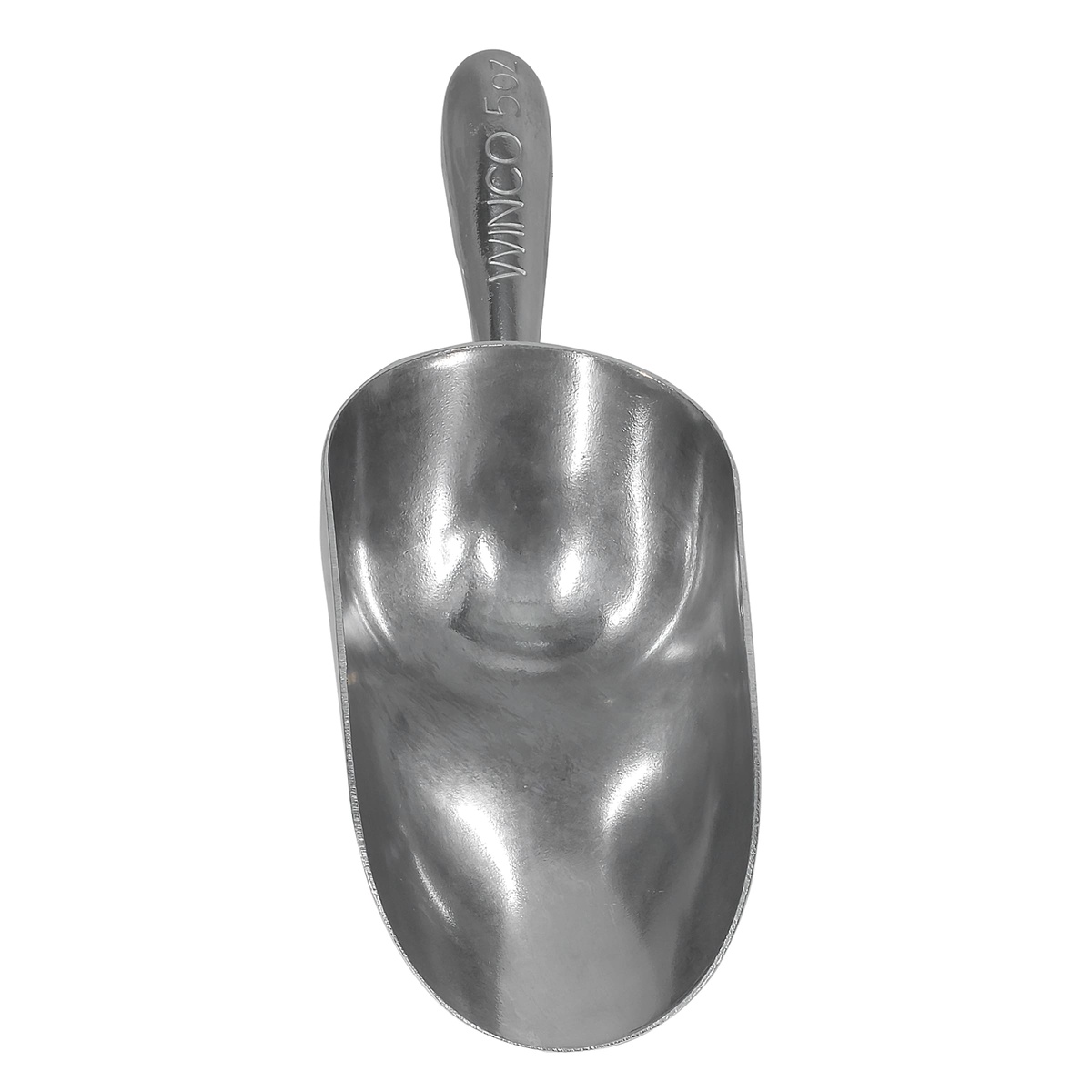 Winco AS-5 aluminum scoop top-down view showing wide bowl opening and embossed handle branding