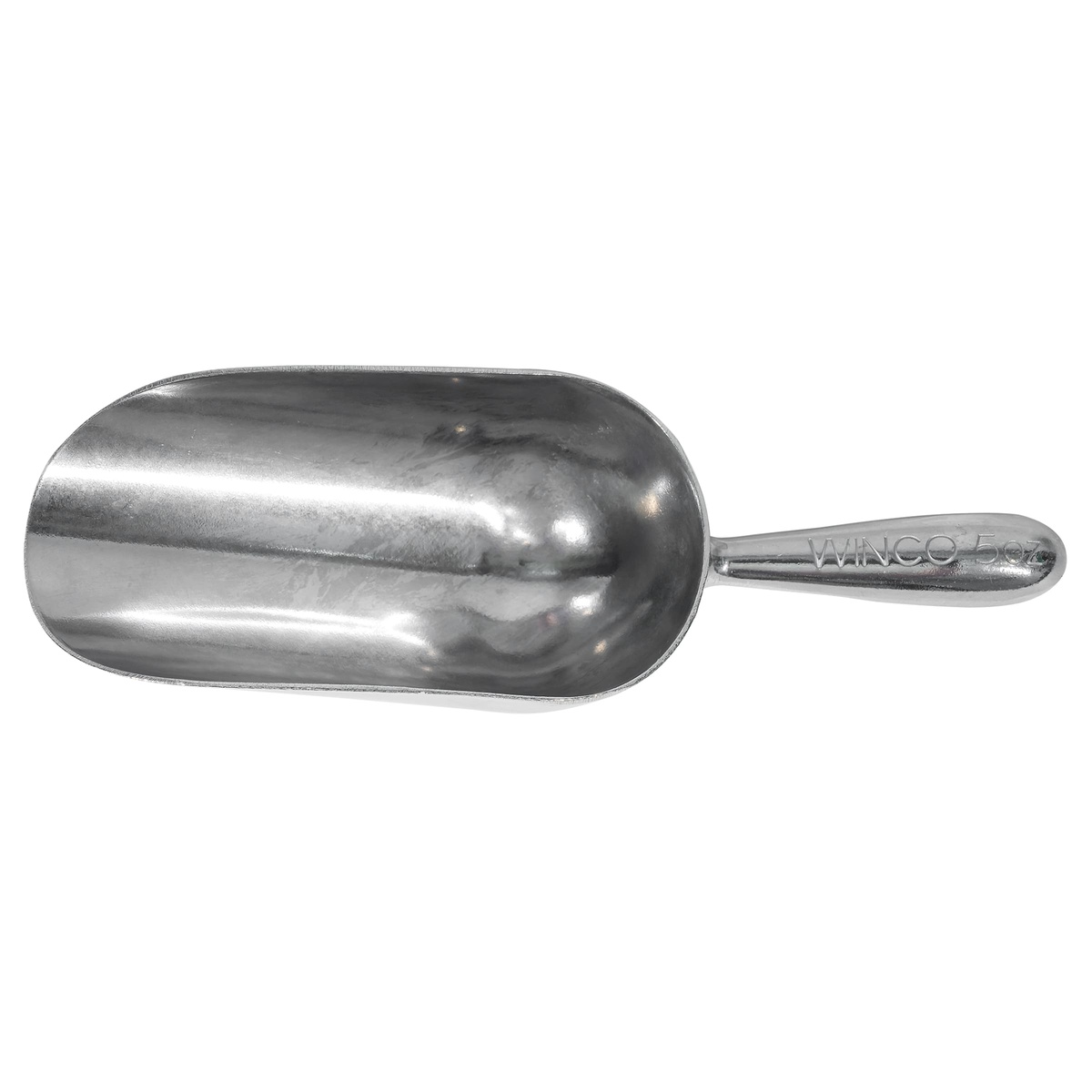Winco AS-5 aluminum scoop overhead flat view showing full bowl and handle with embossed 5oz marking