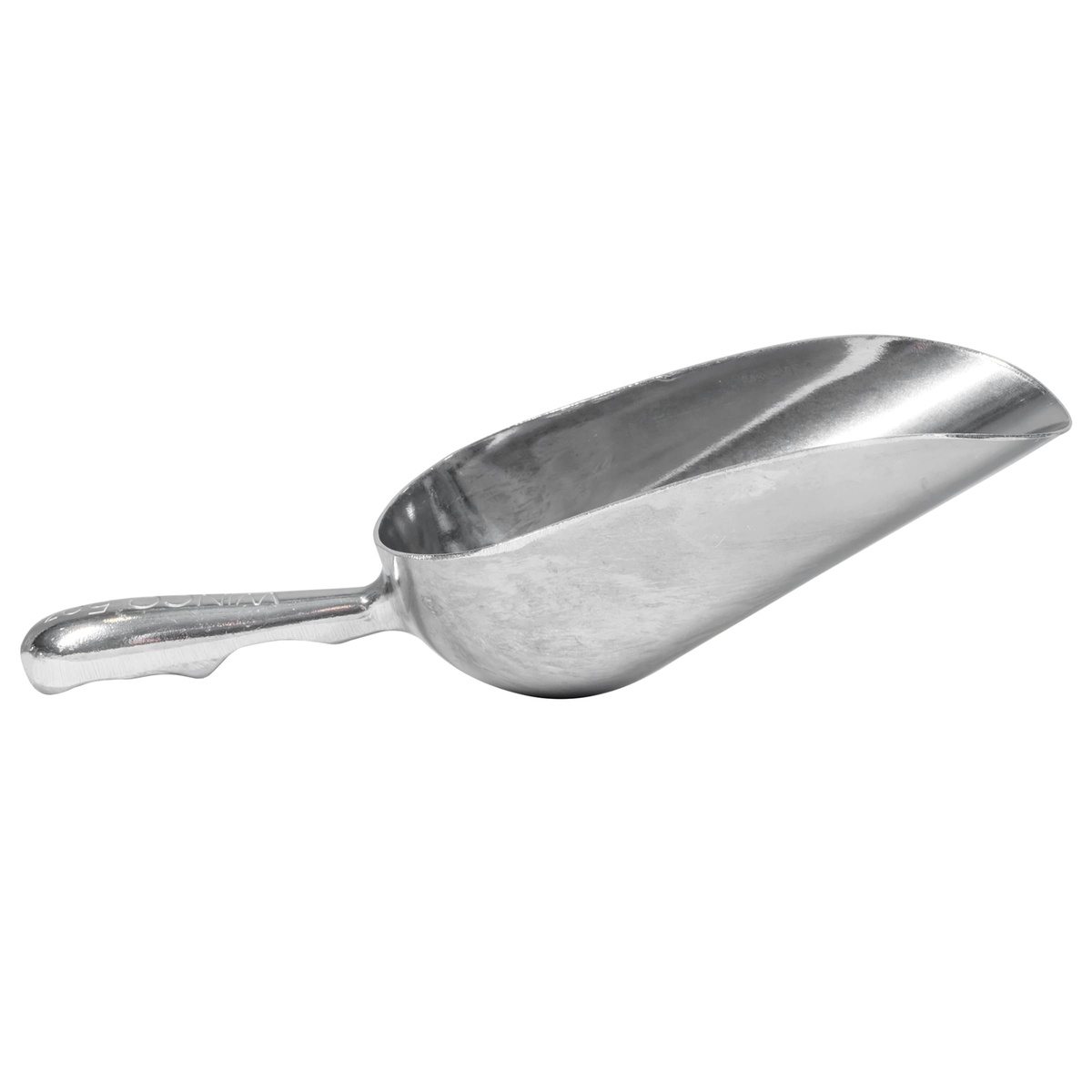 Winco AS-5 aluminum scoop side profile view showing tapered bowl and flat-bottomed handle