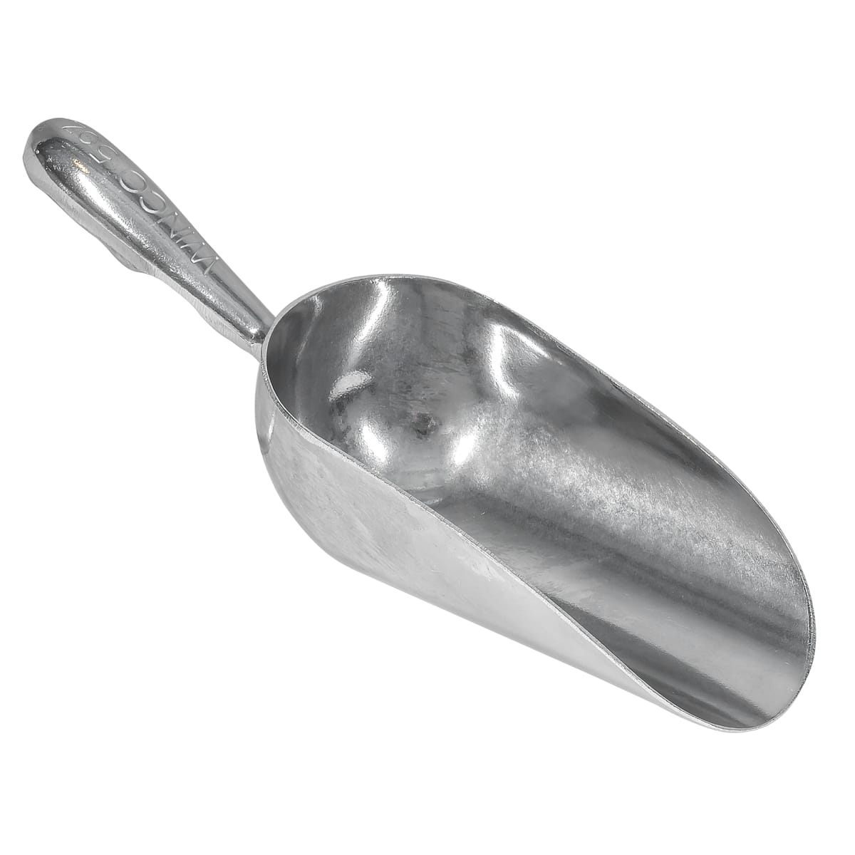 Winco AS-5 5 oz aluminum scoop angled view showing deep bowl and cast handle