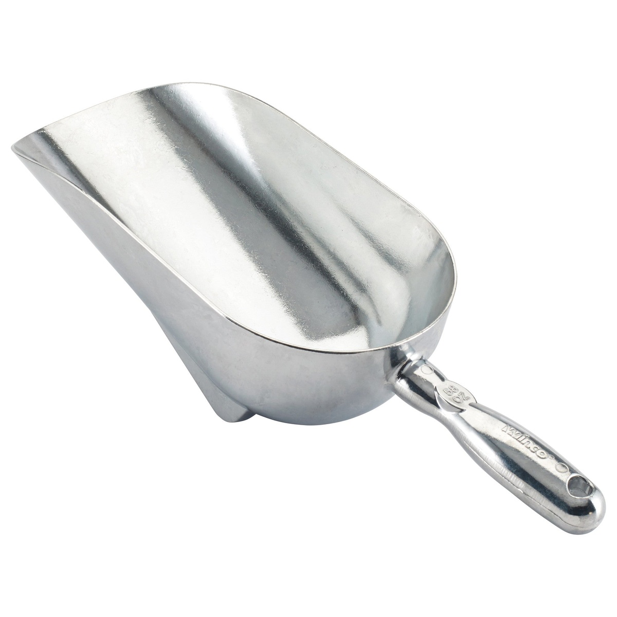 Winco AS-58 58 oz aluminum scoop with built-in feet and ergonomic handle, silver finish