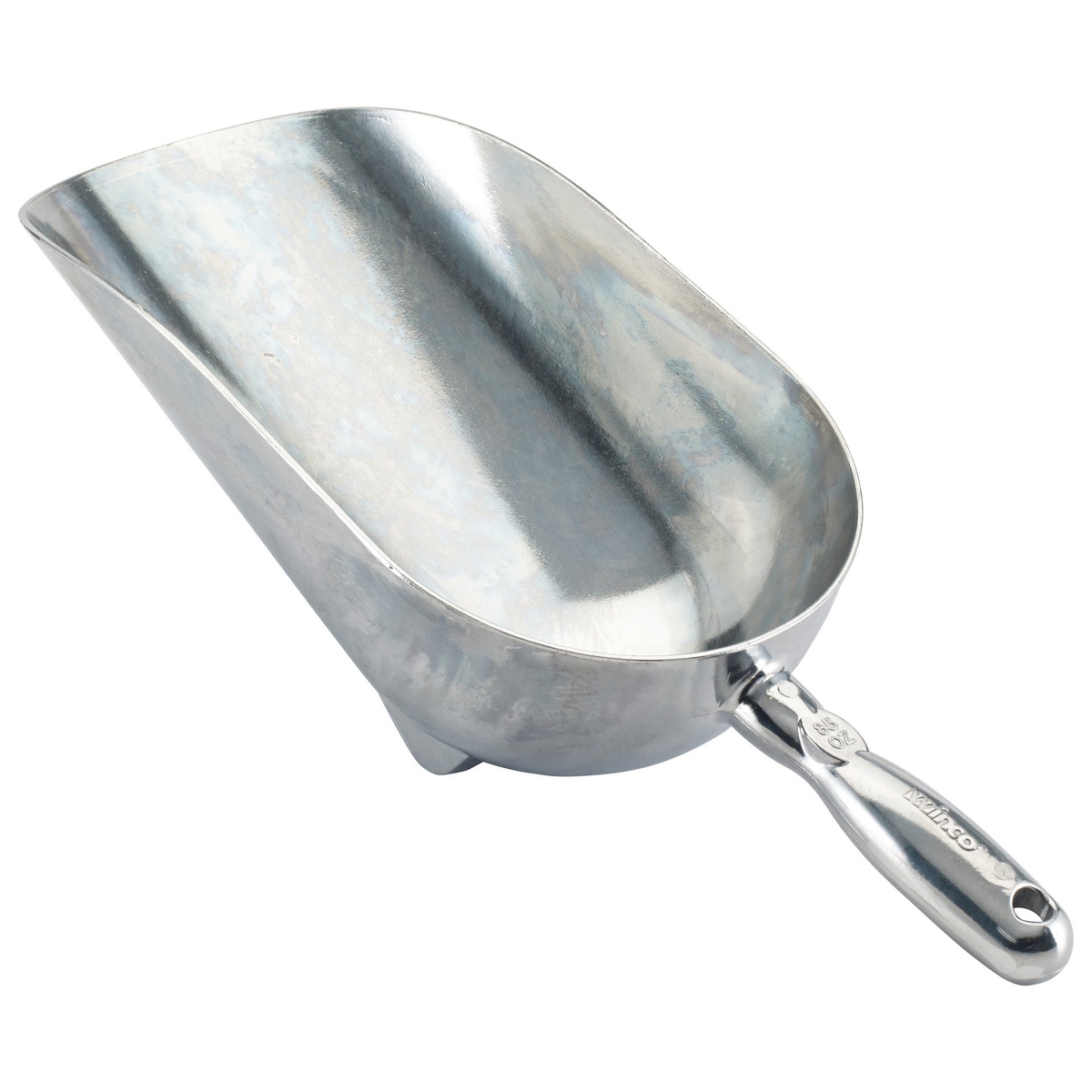 Winco AS-85 85 oz aluminum utility scoop showing deep basin, wide mouth, and built-in stabilizing feet on the underside