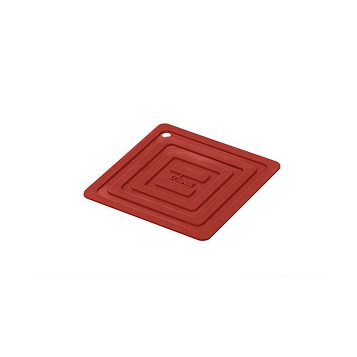 Lodge red square silicone pot holder with concentric square ridge pattern and hanging hole