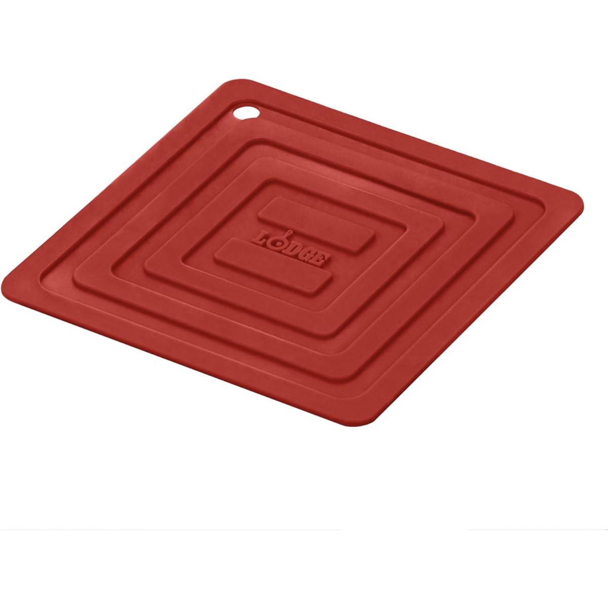 Lodge AS6S41 red square silicone pot holder with concentric ribbed pattern and hanging hole