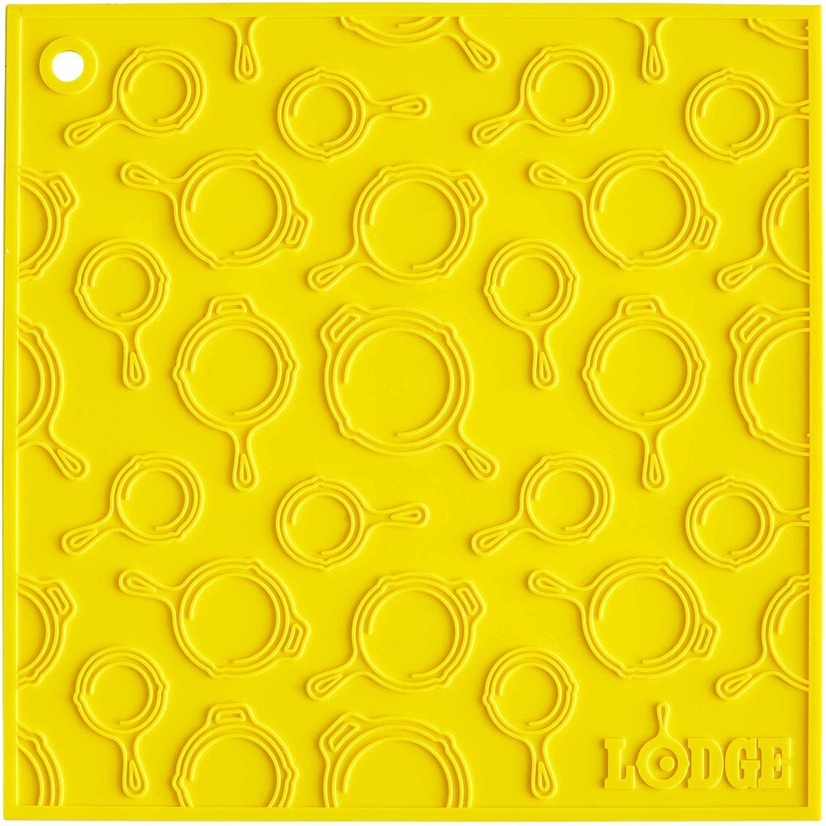 Lodge AS7SKT21 yellow silicone trivet with raised skillet pattern and corner hanging hole
