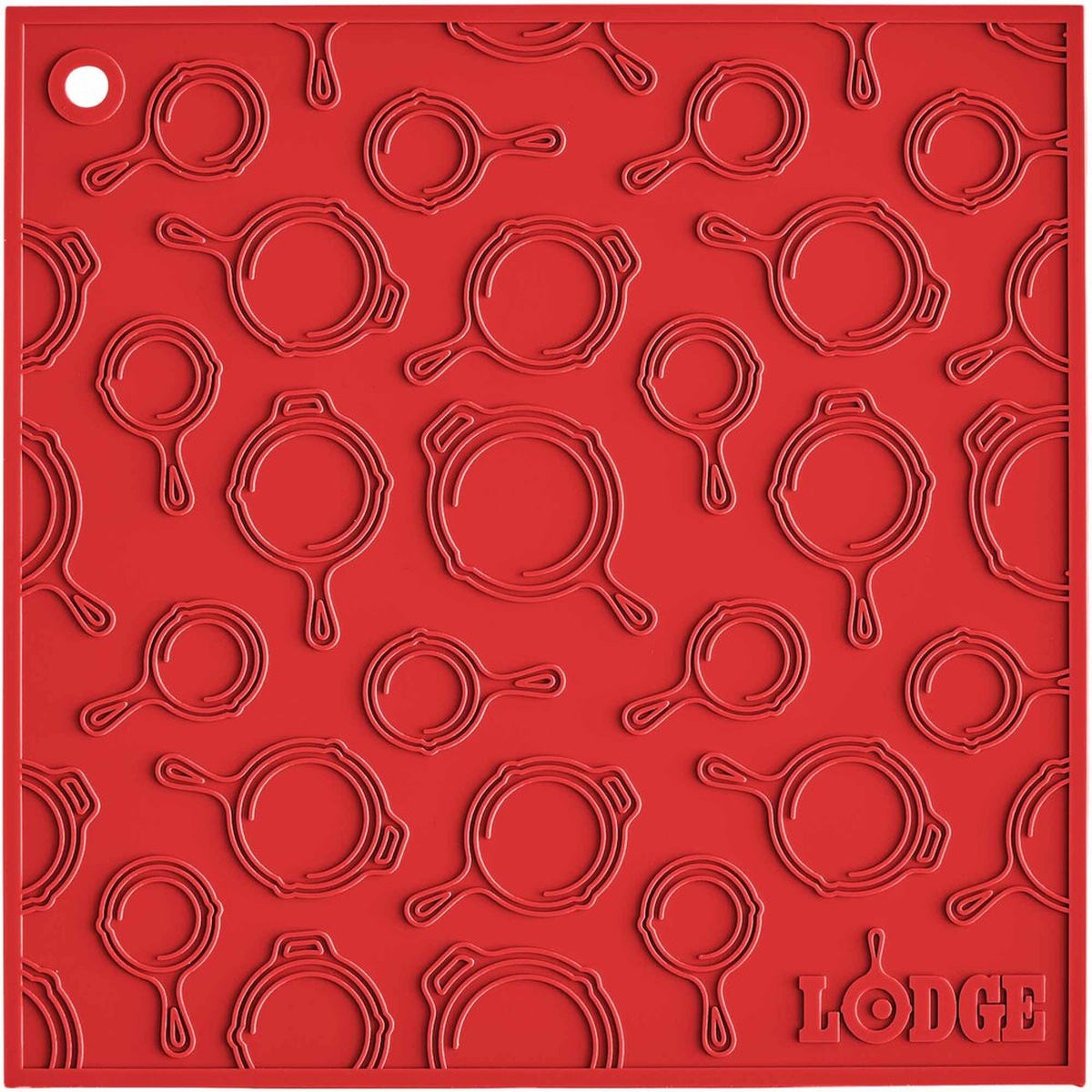 Lodge red silicone trivet with raised skillet pattern and corner hanging hole, 7 inch square