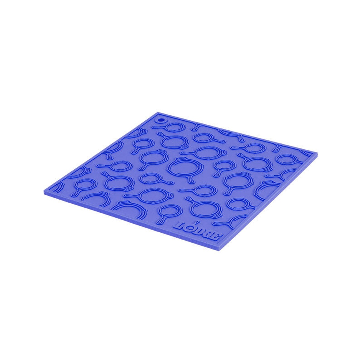 Lodge silicone trivet in blue with raised skillet pattern across the surface